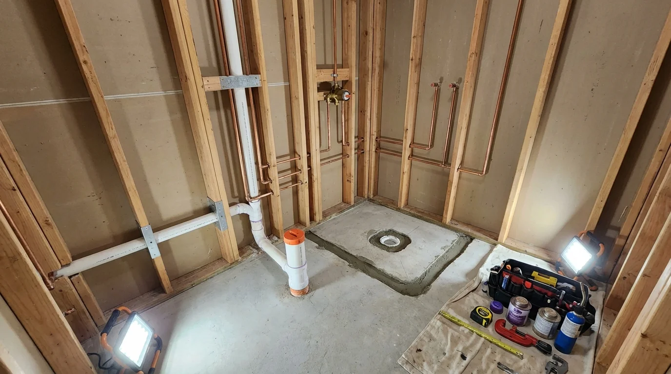 Bathroom rough-in plumbing during remodel by Johns Plumbing LLC in Harveys Lake