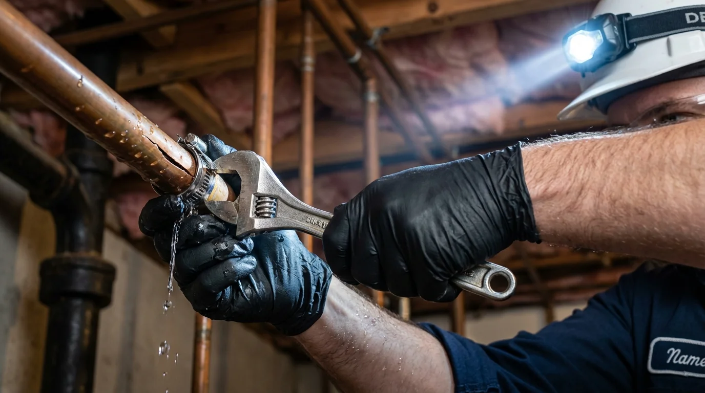 Emergency pipe clamp repair being performed by a Johns Plumbing LLC plumber in Harveys Lake