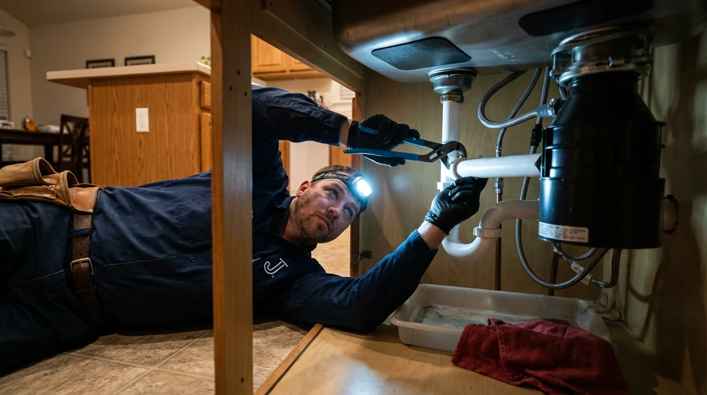 P-trap and supply line connections under a kitchen sink showing a common leak point in Harveys Lake, PA